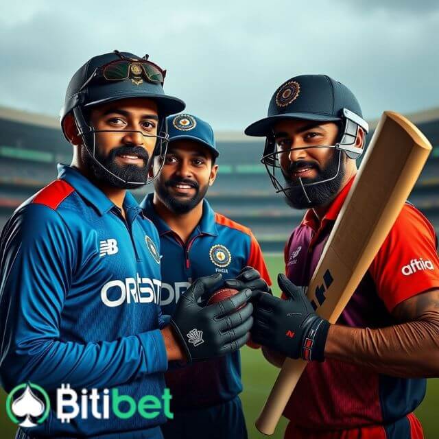 Three Indian cricket players in a stadium wearing BitiBet jerseys holding a bat and ball, promoting crypto betting