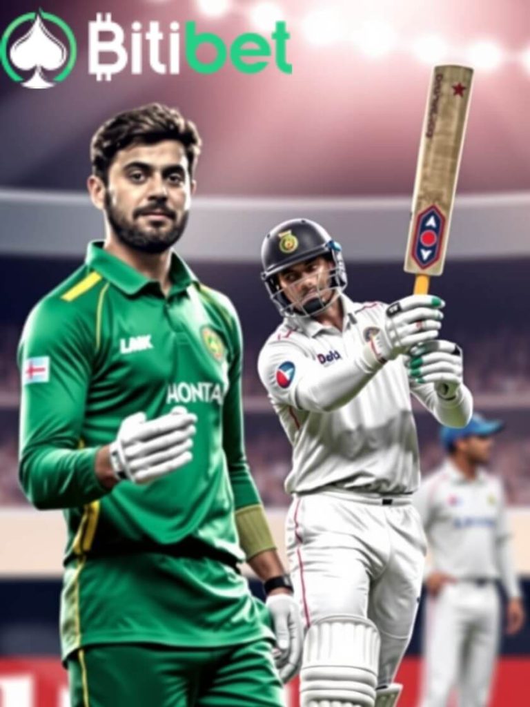 Promotional graphic for Bitibet showing two cricket players on a stadium field under bright floodlights. In the foreground on the left is a wicket-keeper wearing a green kit and gloves, looking toward the viewer. To the right, a batsman in white pads and helmet is mid-swing, holding up his bat. A blurred crowd and fellow players fill the background, and the Bitibet logo (a stylized spade-shaped Bitcoin icon with the word “Bitibet” in green) is displayed prominently at the top.