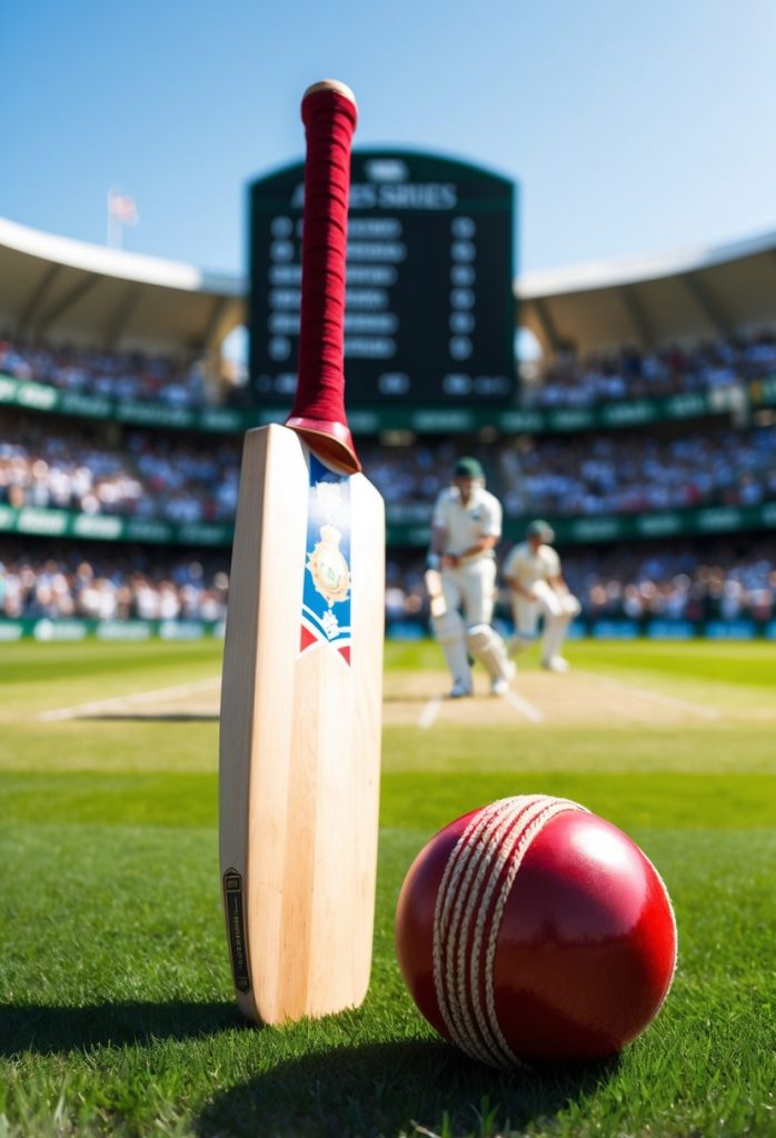 The Ashes cricket tournament, you can see a bat and a ball and players behind.