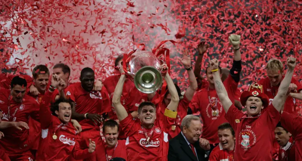 Liverpool lifting the Champions League trophy in 2005.
