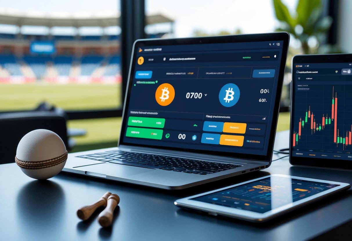 A workspace with a laptop showing cricket betting and cryptocurrency symbols, a cricket ball and bails on the desk, and a tablet displaying cryptocurrency charts.