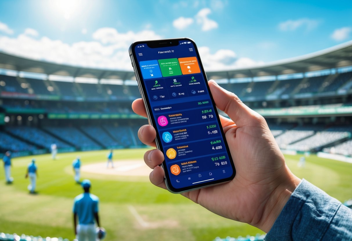 A person holding a smartphone showing a cricket betting app interface with a cricket match in progress in the background.