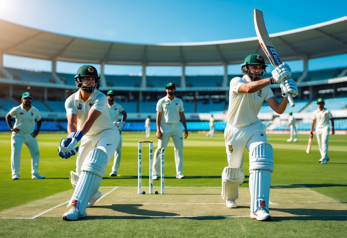 Cricket players in white uniforms on a green field during a match, with one batting and another bowling.