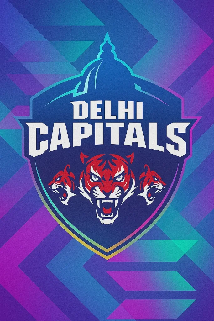 A stylized Delhi Capitals cricket team logo featuring a fierce red tiger trio, with the Solana blockchain logo integrated into the colorful geometric background.