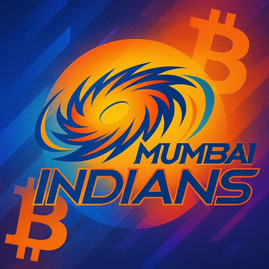 The Mumbai Indians cricket team logo with a swirling design in front of a bright orange and blue gradient, surrounded by prominent Bitcoin symbols.